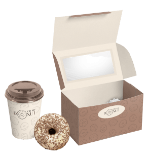 Image of the box with donats, donat and a cup of coffee.